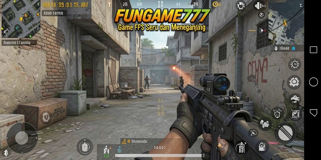 Screenshot utama FUNGAME777 menampilkan pertempuran sengit dalam game FPS.