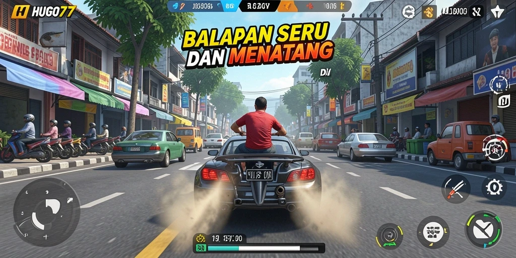 Screenshot dari gameplay HUGO77 menunjukkan aksi balapan seru dan penuh tantangan.