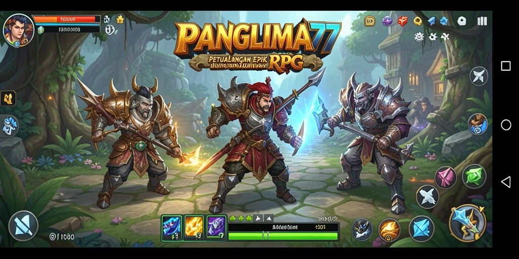 Screenshot gameplay PANGLIMA77 menampilkan pertempuran seru di dunia RPG.