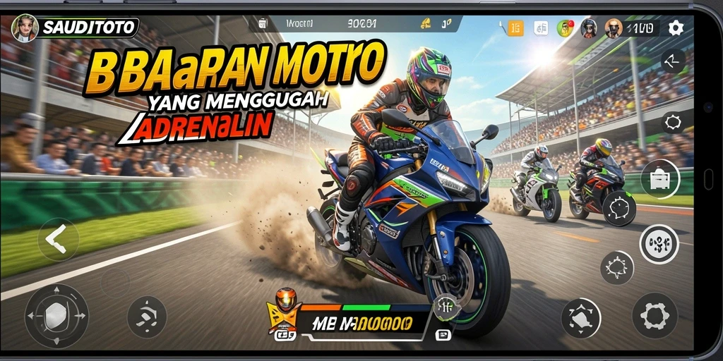 Tangkapan layar utama SAUDITOTO menampilkan aksi balapan motor yang mendebarkan.