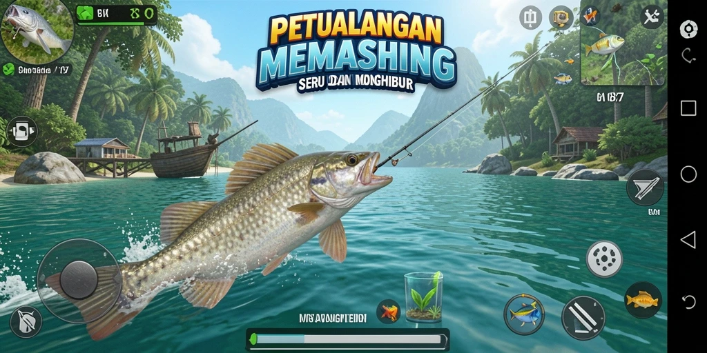 Tampilan gameplay V87 dengan berbagai ikan di lautan.